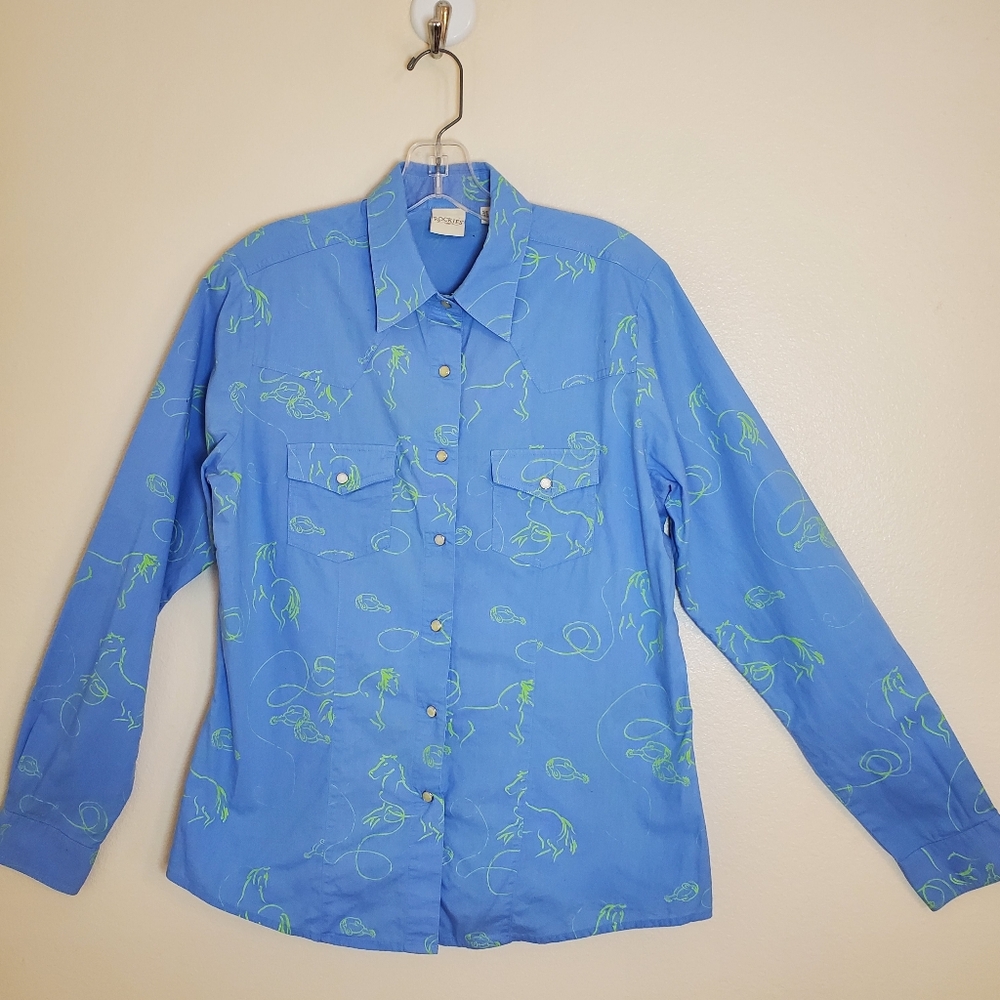 Rockies Vintage Women's Pearl Snap Button Western Shirt Horse Print Size L Blue